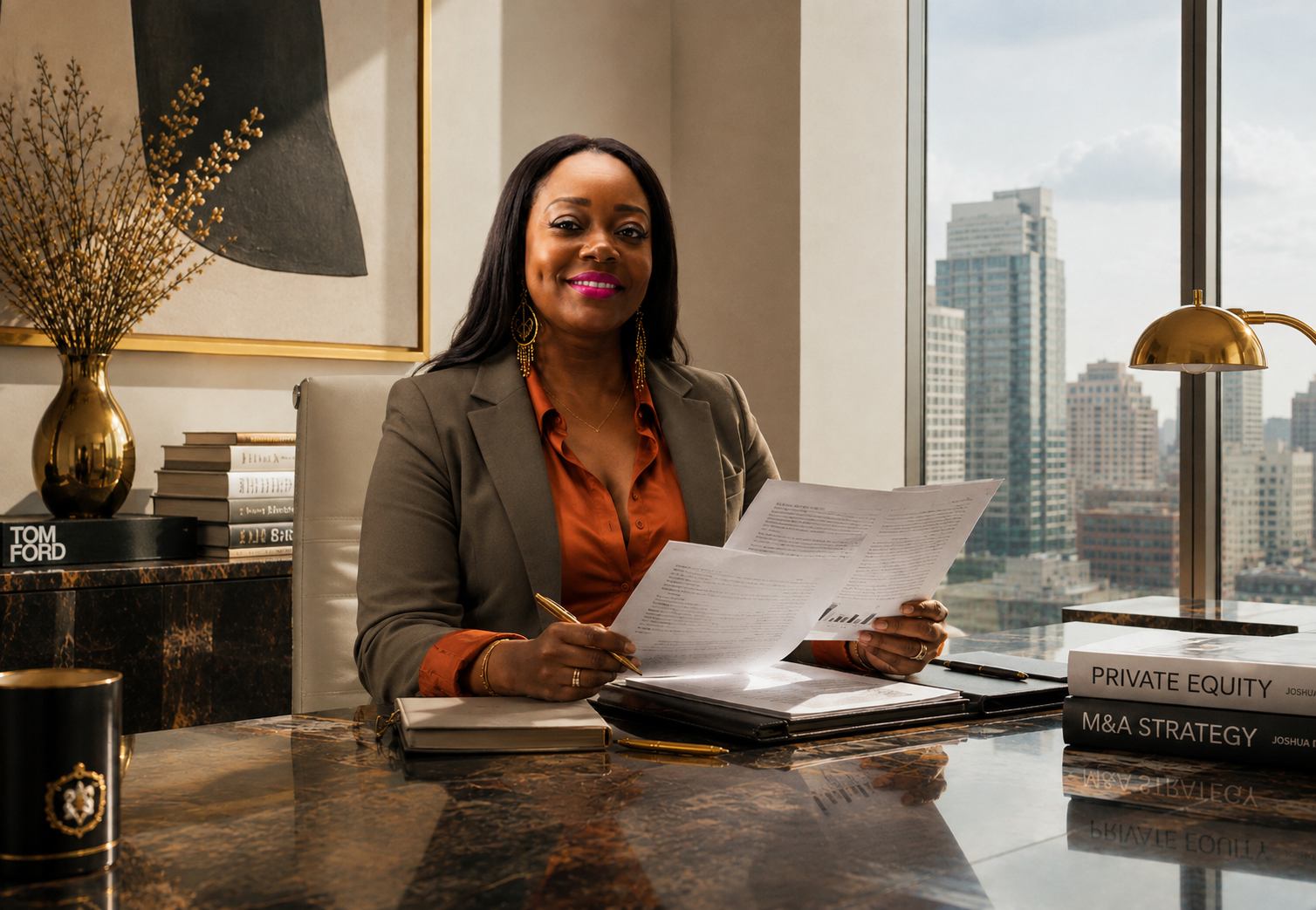 Entrepreneur reviewing financial documents in a modern office